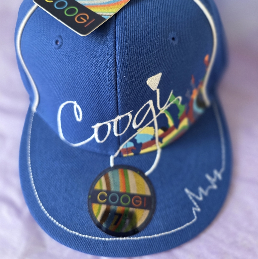 NWT Coogi Blue White Script Logo Fitted Hat Multicolor Print White Ribbed Trim